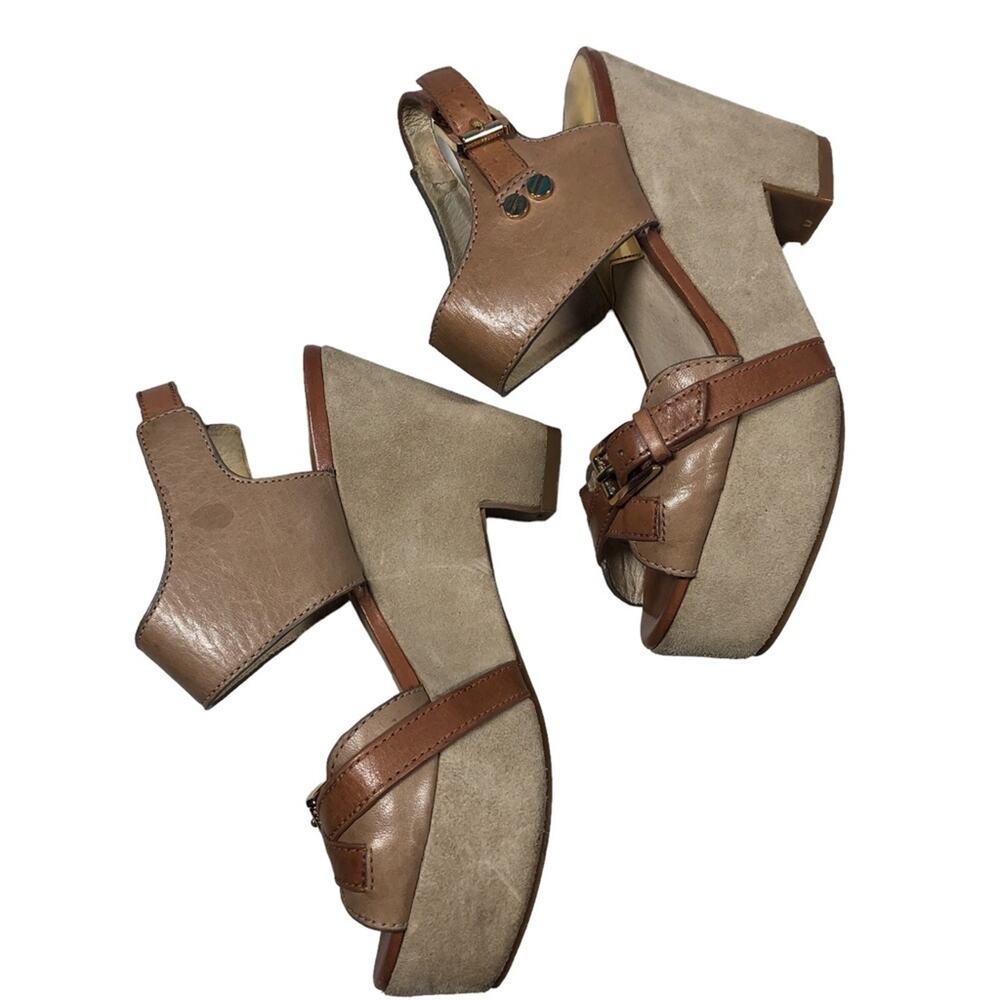 Michael Kors Sandals Women 5.5 MK Tan Suede Leather Strappy Chunky Platform Heel - Picture 2 of 7